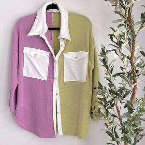 Bucket List Terry cloth purple and green button down shirt. Never worn. Size L